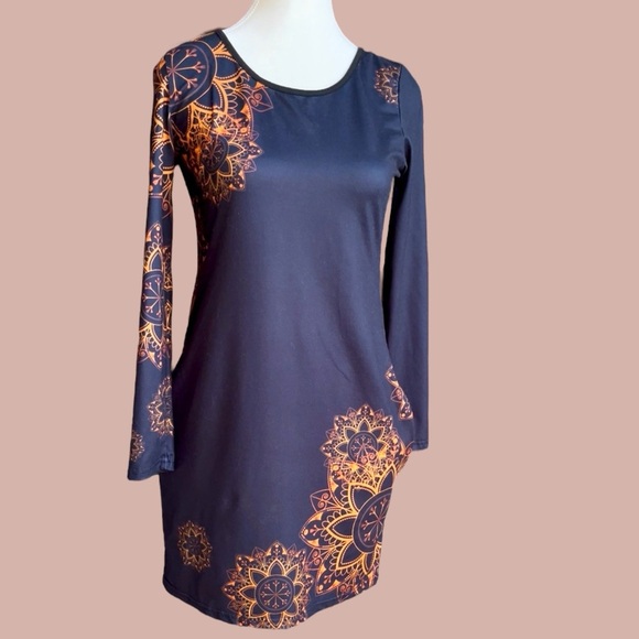 Elegant  Black  and Orange Long Sleeve Dress - Picture 1 of 7